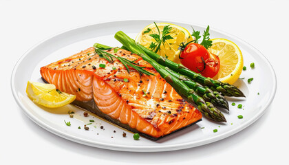 Gourmet Grilled Salmon Fillet with Asparagus, Lemon, and Cherry Tomatoes