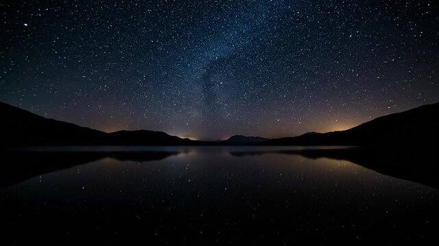 A mesmerizing time-lapse captures the starry night sky and the Milky Way over silhouetted mountains, perfectly reflected in still lake water. A bright planet moves slowly across the cosmic expanse.