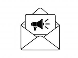 Black and white line art of an envelope with a megaphone inside isolated on transparent background