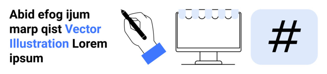 Obraz premium Pen writing text, notebook on monitor for planning, and metadata tag element. Ideal for content creation, digital planning, social media, writing concepts, creative strategies, organization simple