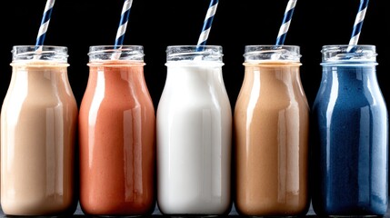 Five stylish vintage bottles filled with colorful milkshakes, each topped with a straw, bringing a nostalgic aesthetic and delightful appeal to traditional beverage enjoyment.