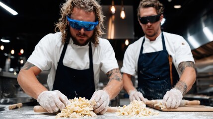 Two skilled chefs focus on crafting fresh pasta in a modern kitchen, embodying creativity, skill, and culinary passion through their handmade culinary artistry in vibrant surroundings.