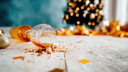 A spilled glass lays on the floor amid a festive mess of holiday decorations and a Christmas tree, capturing a candid moment of unexpected chaos during celebrations.