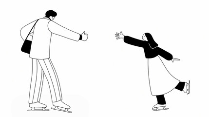 A black and white minimalist illustration of a couple on ice. The skaters facing each other, creating a sense of interaction. 