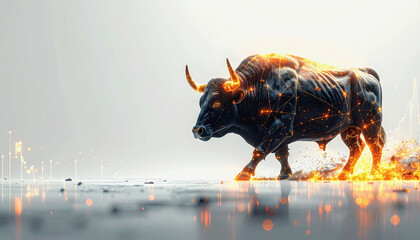 Powerful Black Bull Charging with Fiery Energy and Digital Network Overlay, Symbolizing Financial Growth and Market Strength
