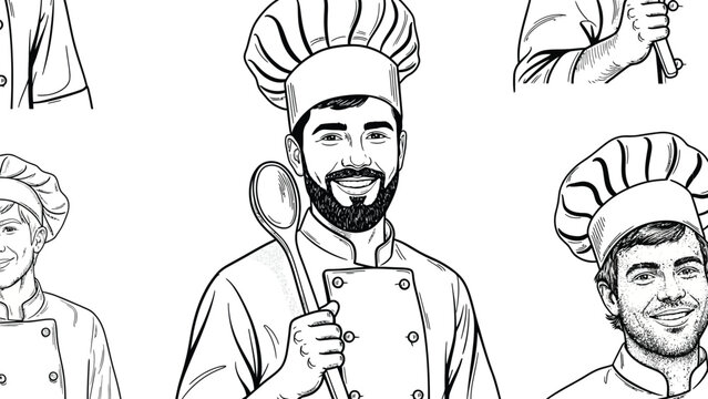 A whimsical sketch compilation showcasing smiling chefs in traditional attire holding culinary tools