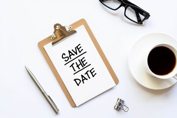 Top view office table desk of Save The Date Concept.