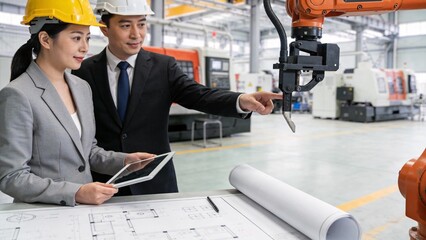 Two engineers inspecting robotic arm in factory