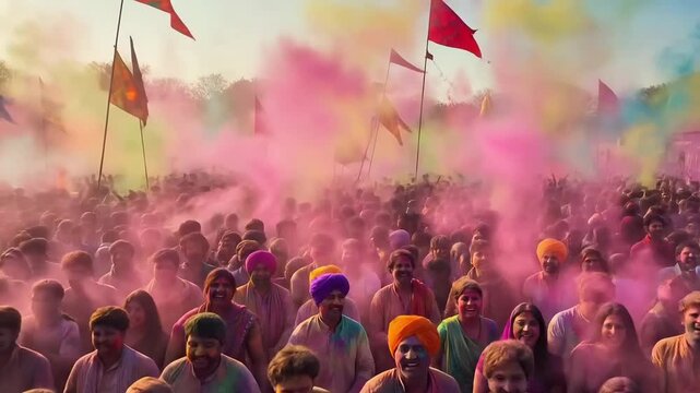 Holi festival crowd celebration with colorful powder joyful people culture tradition emotion community event video content