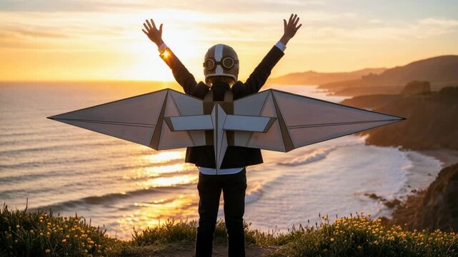Child wearing cardboard airplane wings standing on cliff at sunset symbolizing imagination freedom and future dreams.