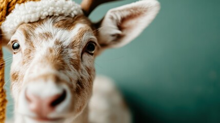 A close-up of a young deer adorned with soft antlers showcases its gentle expression, radiating warmth and charm in a cozy, artsy atmosphere.