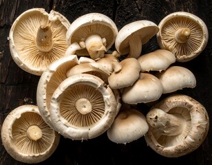 Close-up of various white edible fungi arranged on a dark, textured surface, showcasing cap undersides and stems