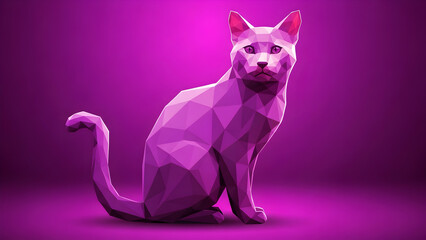 Vibrant Geometric Cat Digital Art Purple Low Poly Feline Design with Magenta Background