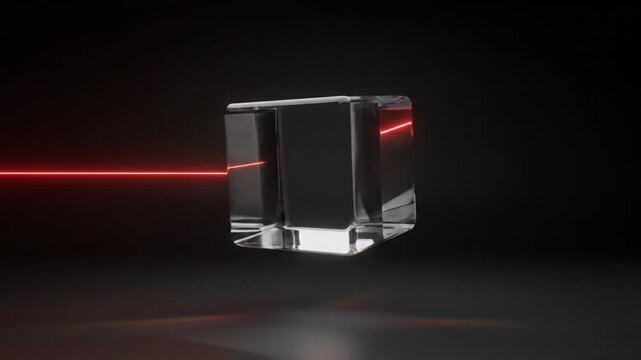 A red laser beam interacts dynamically with a rotating glass cube in the dark, showcasing light refraction and internal reflection over 8 seconds.