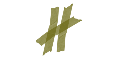 Grungy yellow adhesive tape design element abstract torn strips forming a cross or tally mark on a stark black