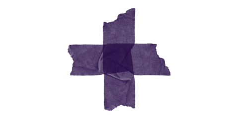 Deep purple ripped tape cross on black grunge distressed adhesive art texture modern minimalist abstract graphic symbol