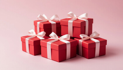 Red gift boxes with white ribbon on pink background. Christmas, birthday, valentine's day concept.