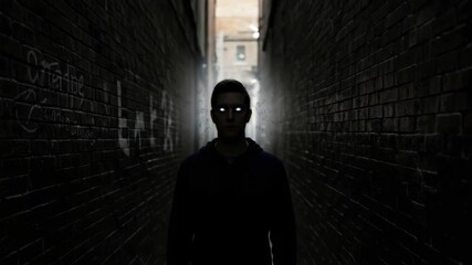 Man with glowing eyes in dark alley as mysterious symbols appear around him, exploring sci-fi supernatural concepts