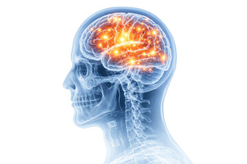 Obraz premium Human brain activity visualization inside transparent head anatomy showing neural signals and cognitive function medical illustration isolated on white background