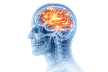 Human brain activity visualization inside transparent head anatomy showing neural signals and cognitive function medical illustration isolated on white background