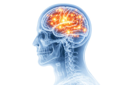 Human brain activity visualization inside transparent head anatomy showing neural signals and cognitive function medical illustration isolated on white background