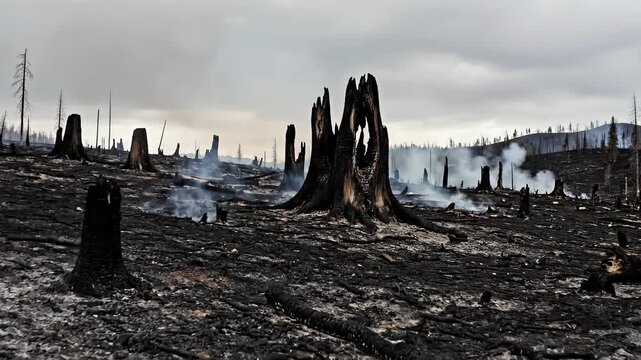 Forest fire aftermath with charred trees and smoky landscape  