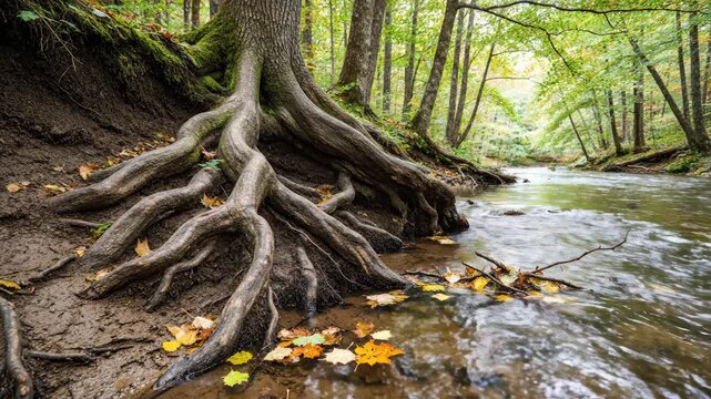 exposed tree roots by river. Giant tree roots exposed along a riverbank, twisting and interlocking as they grip the eroded soil beside flowing water.