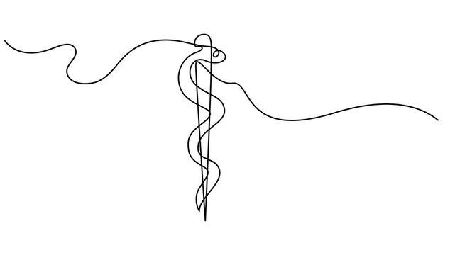 continuous one line drawing of human brain video animation on white screen in 4K, Self drawing animation of single one line draw Caduceus - medical center, pharmacy, hospital with popular symbol