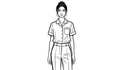 Fototapeta premium Stylized fashion illustration of a young woman in smart casual attire black and white line art