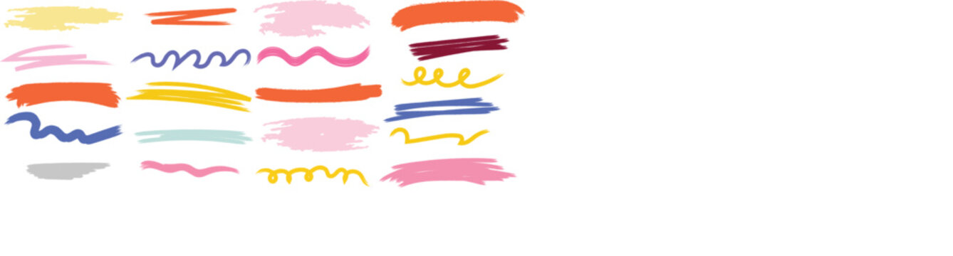 Hand drawn colorful chalk underline and swirl lines. Crayon brush strokes, wavy and spiral scrawls