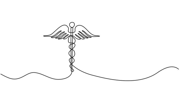 medical symbol continuous one line drawing animation, Self drawing animation of single one line draw Caduceus - medical center, pharmacy, hospital with popular symbol of medicine, Full length animated