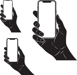 Set of hand holding a smartphone displaying a blank screen in a black and white illustration