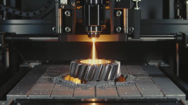 3D printer creating cogwheel with metal powder by laser melting. Additive manufacturing and rapid prototyping for industry.