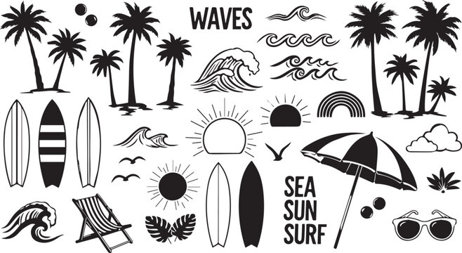 Hand drawn doodle style tropical beach and surf vector icon set featuring palm trees, waves, surfboards and sun elements for summer t-shirt, poster and coastal designs.eps