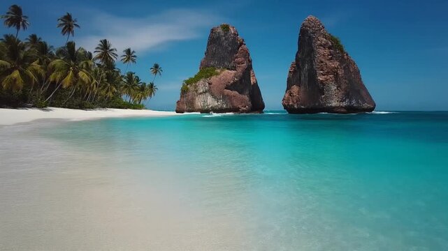 Tropical paradise beach with turquoise ocean waves crashing on white sand shore palm trees and dramatic rock formations under a clear blue sky serene coastal landscape