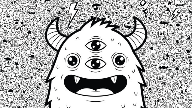 Whimsical Three-Eyed Monster Character with a Chaotic Doodle Background of Tiny Creatures and