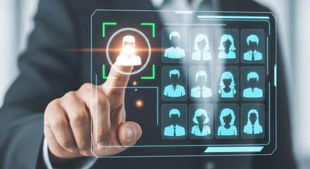 A businessman interacting with a futuristic digital interface displaying various user profiles