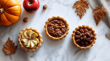 Fototapeta premium Three small pies and a pumpkin on a marble surface surrounded by autumn leaves and fruit