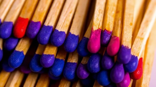 Close up of matchsticks with colored tips arranged together