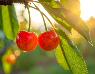 Close-up of two bright red cherries hanging from a tree branch, with green leaves, illuminated by sunlight