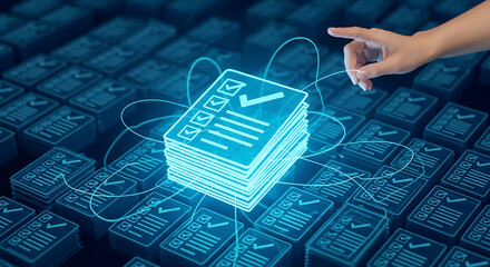 A hand interacting with a glowing digital checklist on a futuristic interface background