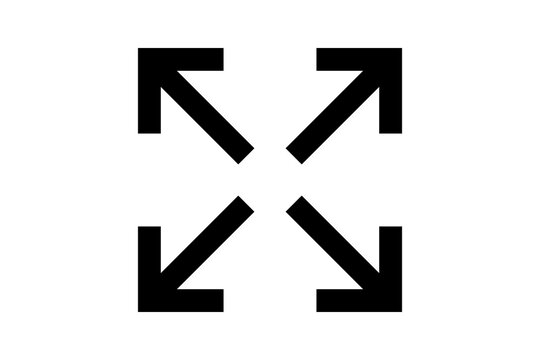 Black Fullscreen Icon - Minimalist expanding arrows symbol for screen display and maximize function isolated on transparent background for modern web and app interface design.