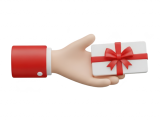 A hand holding a gift box with a red ribbon isolated on transparent background for giving or charity