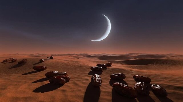 desert landscape at night, illuminated by the soft glow of a bright crescent moon for ramadan kareem eid mubarak islamic background