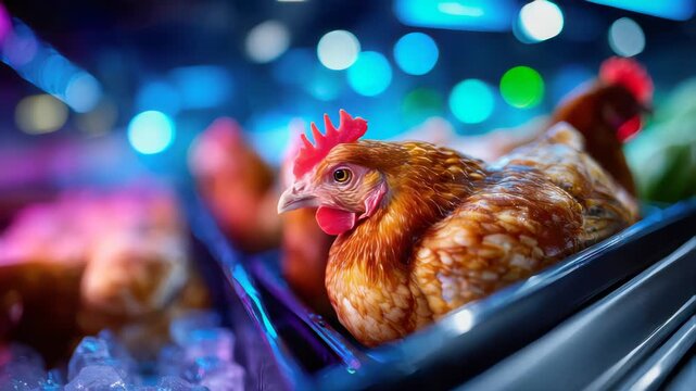 chickens displayed on factory production line with colorful bokeh lighting, representing fresh poultry retail and food supply
