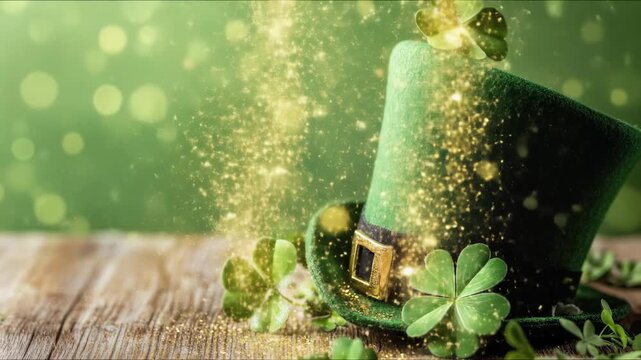 Vibrant emerald green hat with glistening golden buckle and lucky shamrocks for a delightful Leprechaun Day festive celebration, shimmering with traditional Irish charm and magic