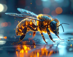 Fototapeta premium Illuminated, digital illustration of a glowing honey bee