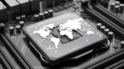 The video shows 8 seconds of a static, dramatic close-up of a CPU chip installed on a circuit board, overlaid with a bright world map graphic, emphasizing global digital power. - Powered by Adobe