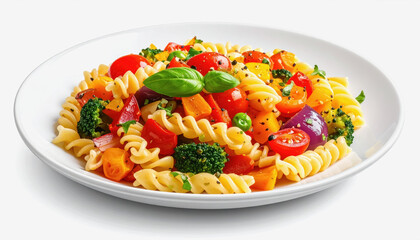 Vibrant Fusilli Pasta Salad with Cherry Tomatoes, Broccoli, Bell Peppers, and Red Onion, Garnished with Basil