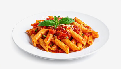 Classic Penne Pasta with Rich Tomato Sauce, Fresh Basil, and Grated Parmesan Cheese, Studio Shot